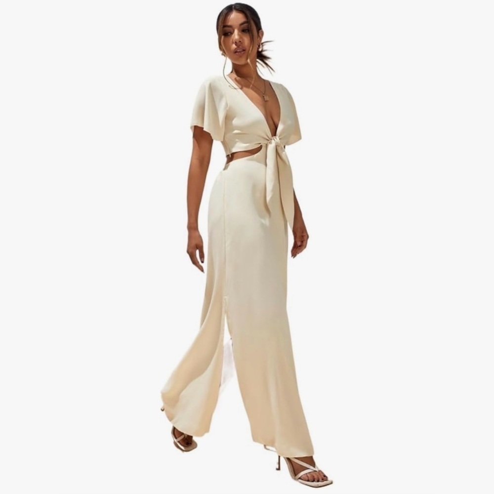 Cupshe Short Sleeve Tie Front V Neck Cutout Waist Slit Hem Maxi Dress size S - Picture 4 of 8